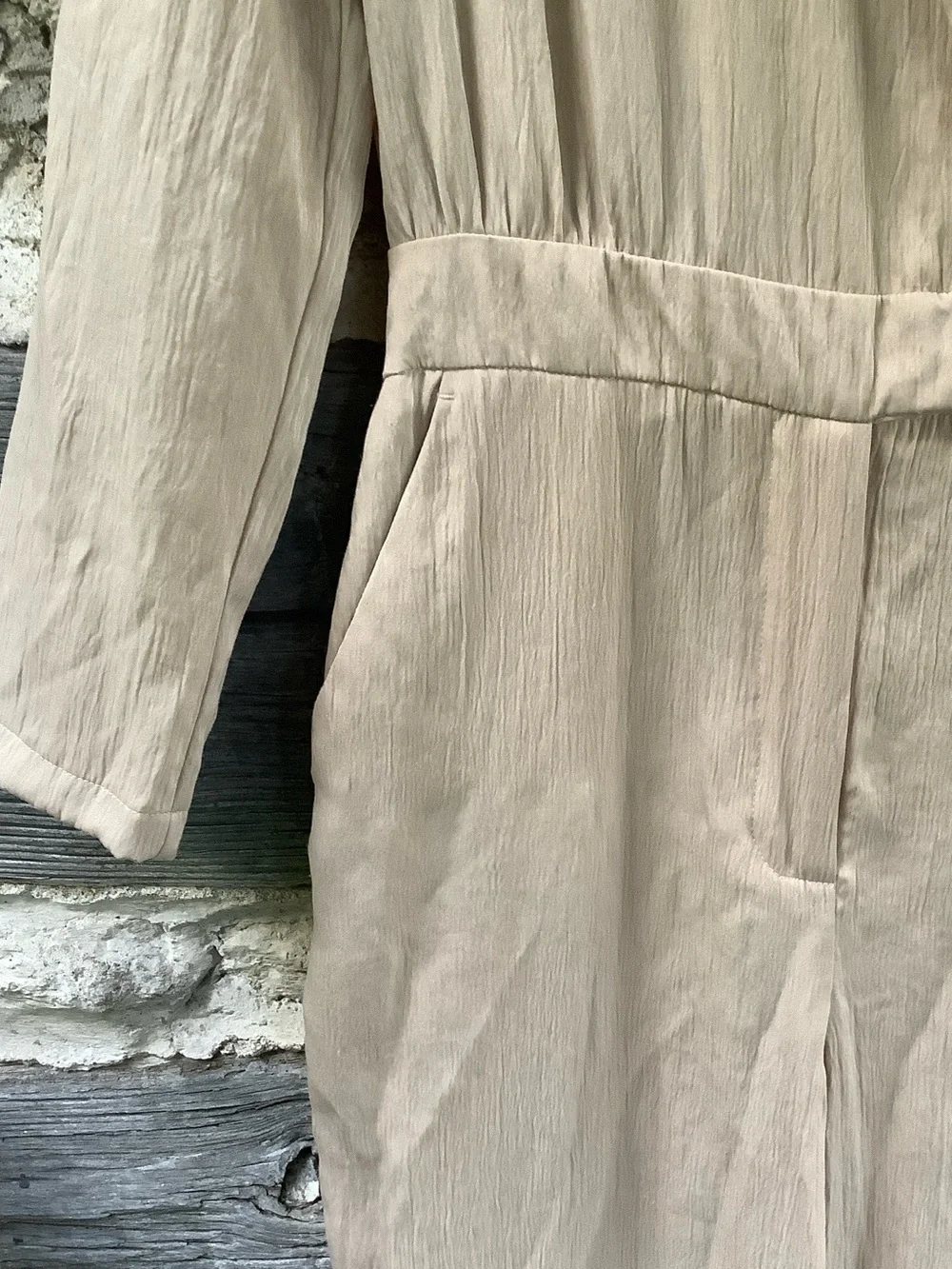 Zara Neutral Beige V-Neck Long Sleeve Jumpsuit - Picture 4 of 8
